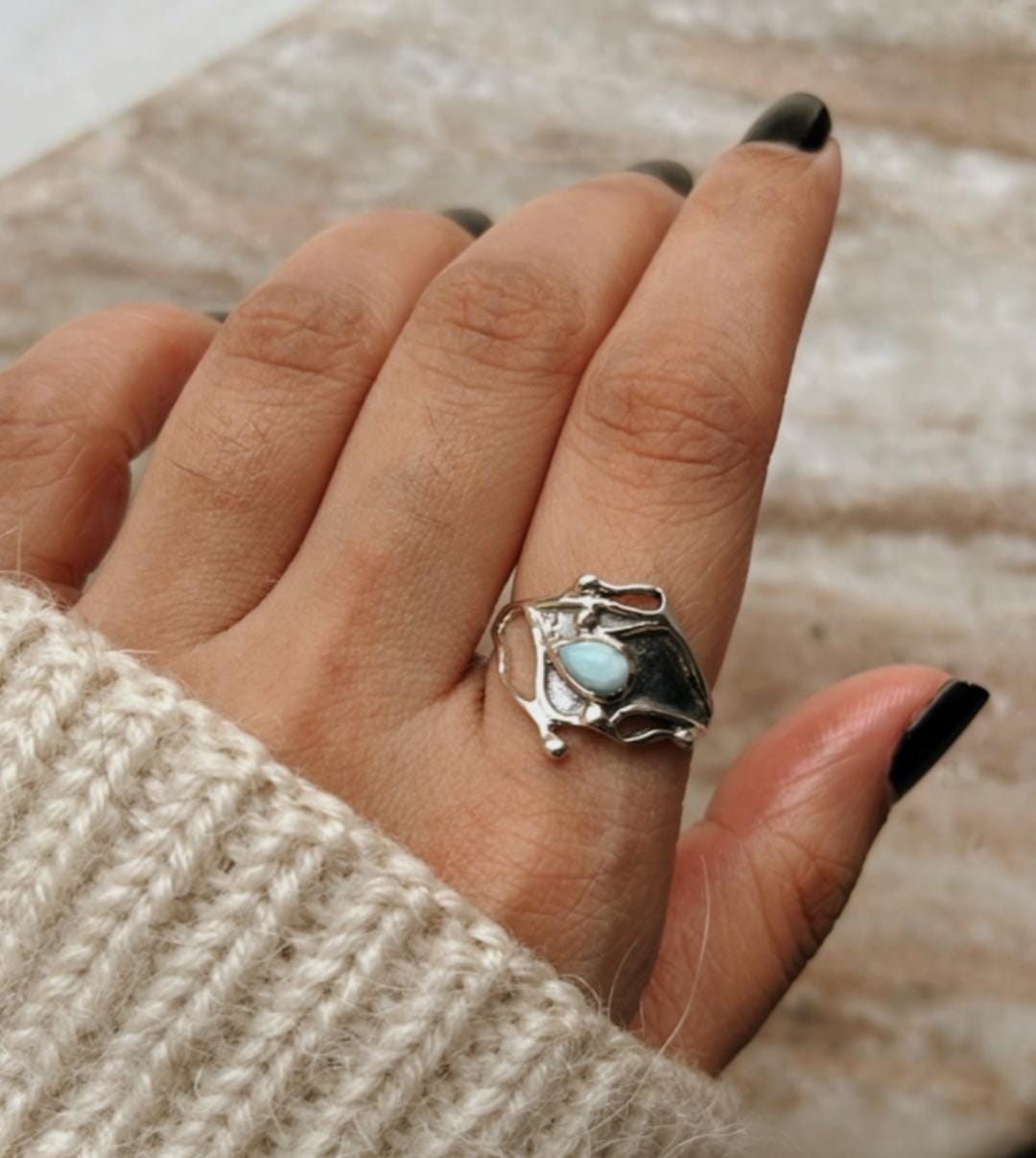 Larimar Gemstone Molten Drip 925 Silver Ring for Timeless Fashion
