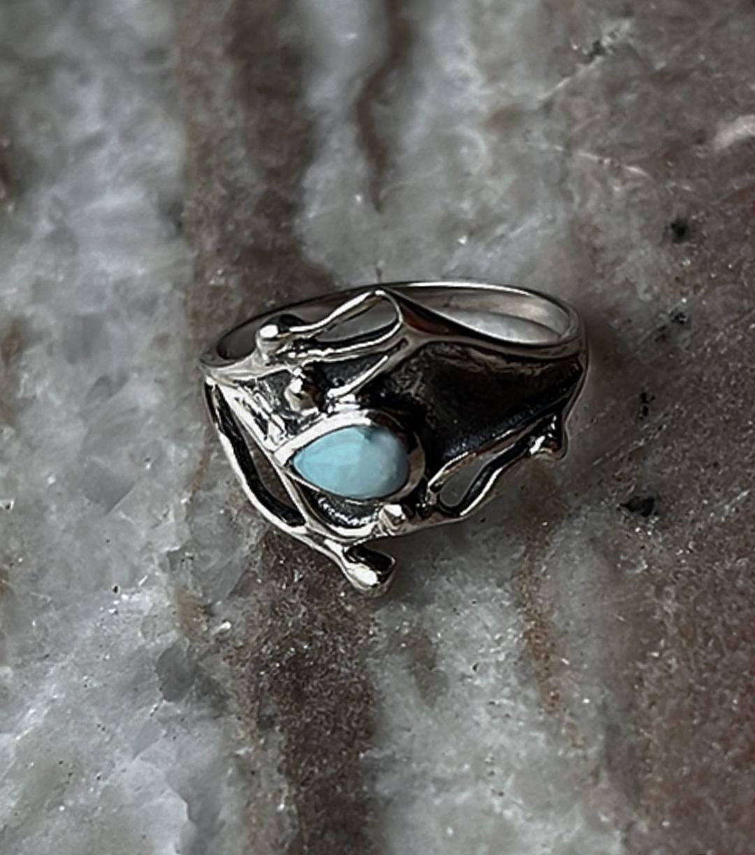 Larimar Molten Drip Silver Ring with Fluid Design