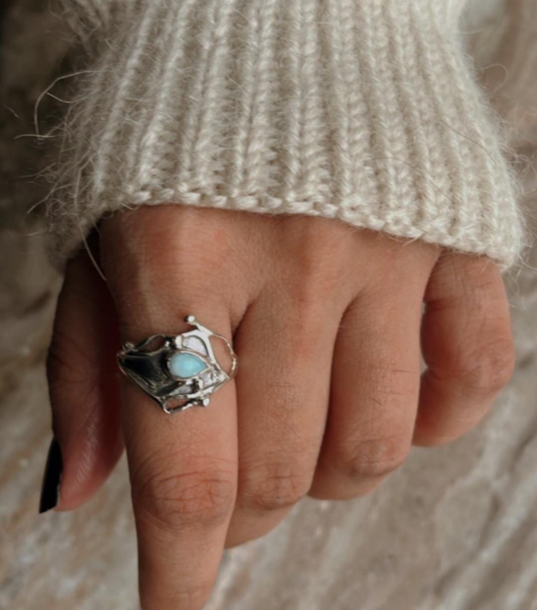 Larimar Molten Drip Silver Ring in 925 Sterling Silver