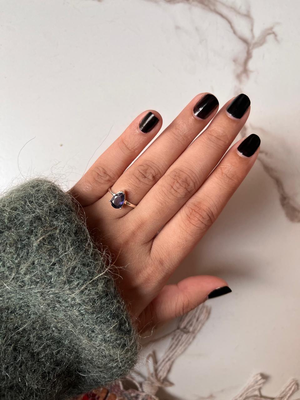 Elegant Iolite Pear Shaped Solitaire Silver Ring