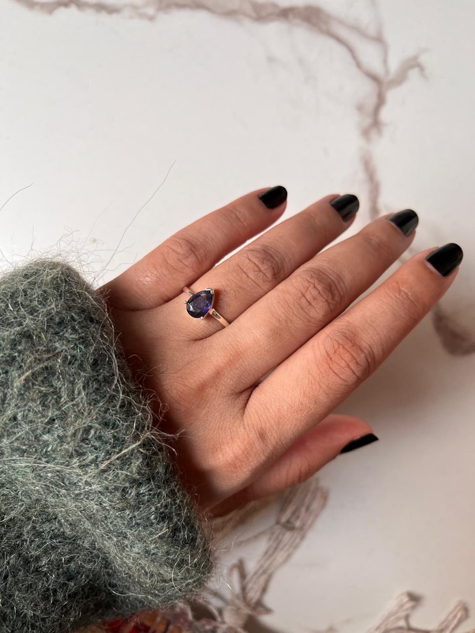 Iolite Solitaire Pear Silver Ring with sparkling gemstone