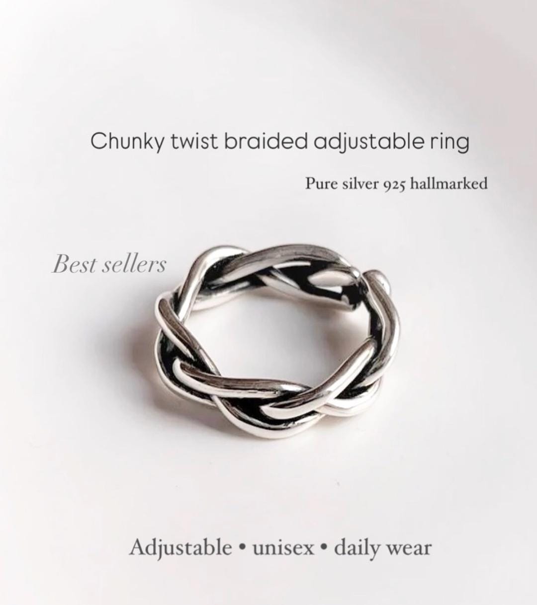 Chunky twist braided adjustable handcrafted silver 925 ring