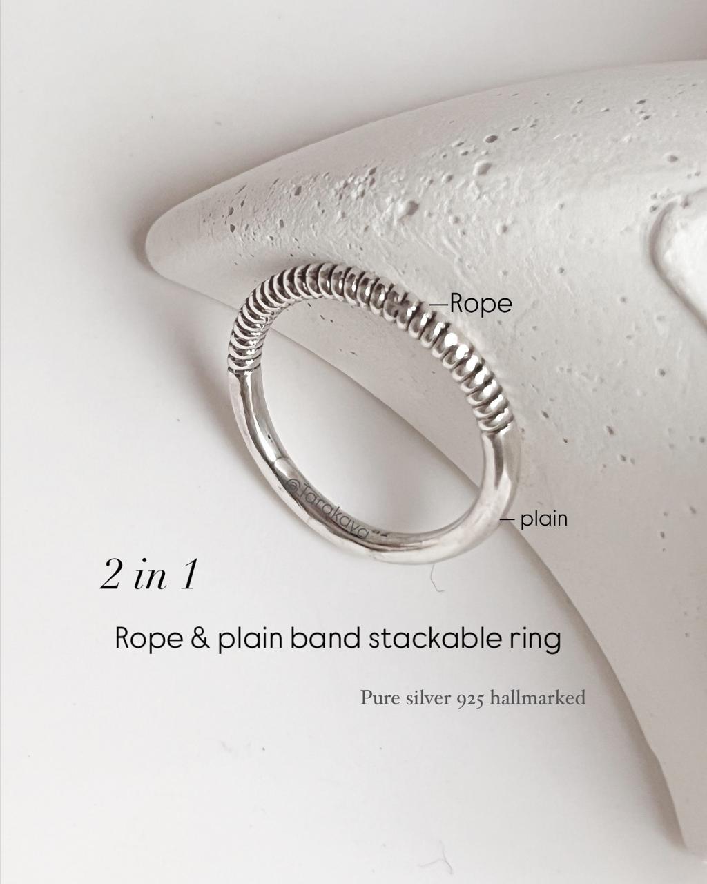 2 in 1 Plain and Rope Stack Band 925 Silver Ring - Elegant Dual-Design Ring