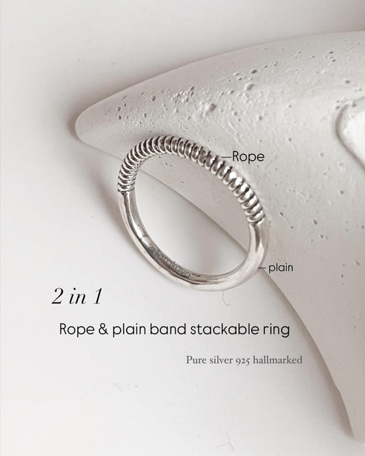 2 in 1 Plain and Rope Stack Band 925 Silver Ring - Elegant Dual-Design Ring