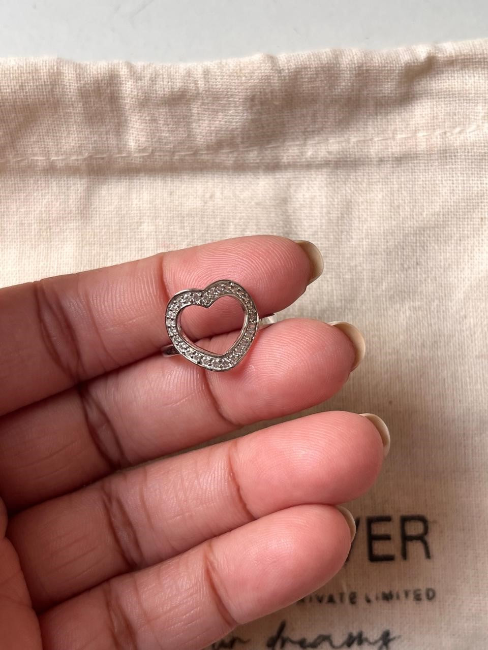 925 Silver Adjustable Ring with White CZ Heart Design