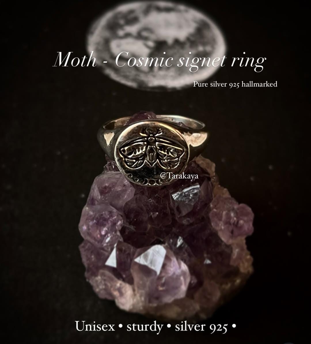 925 Silver Signet Ring with Moth and Cosmic Engraving