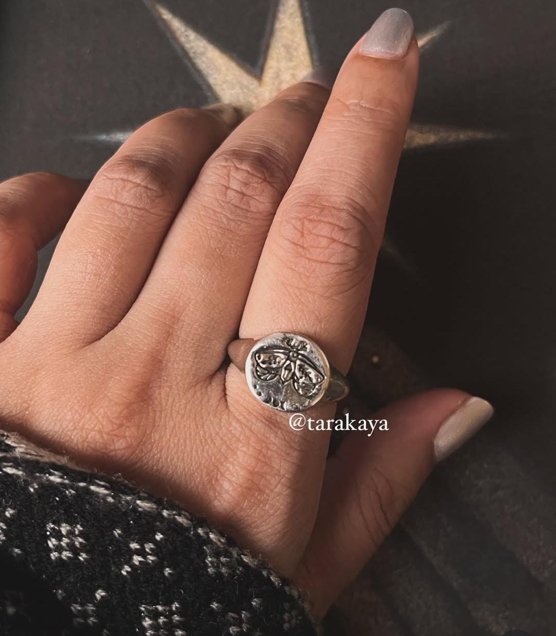Handcrafted Moth Cosmic Engraved Signet Ring in 925 Silver