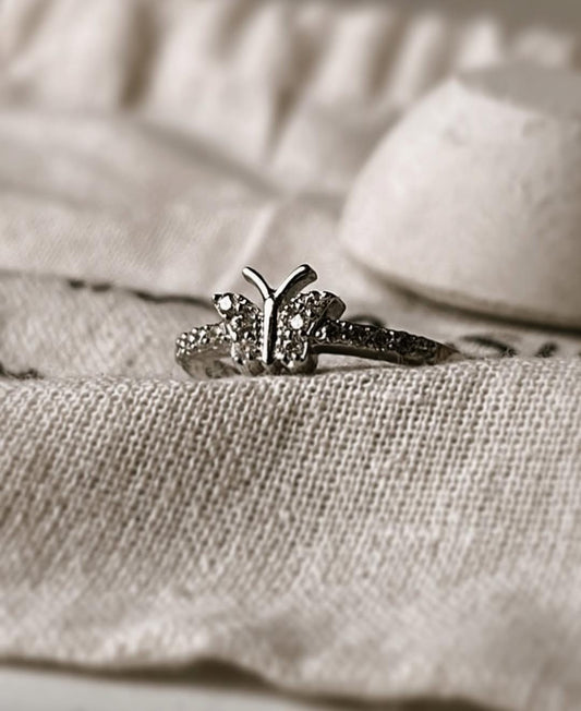 White CZ Butterfly 925 Silver Adjustable Ring for Women