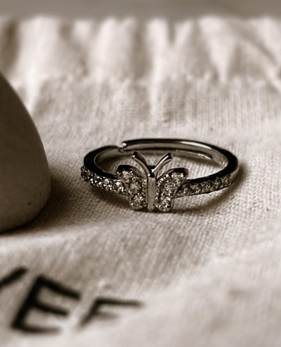 Handcrafted White CZ Butterfly Adjustable Ring in 925 Silver