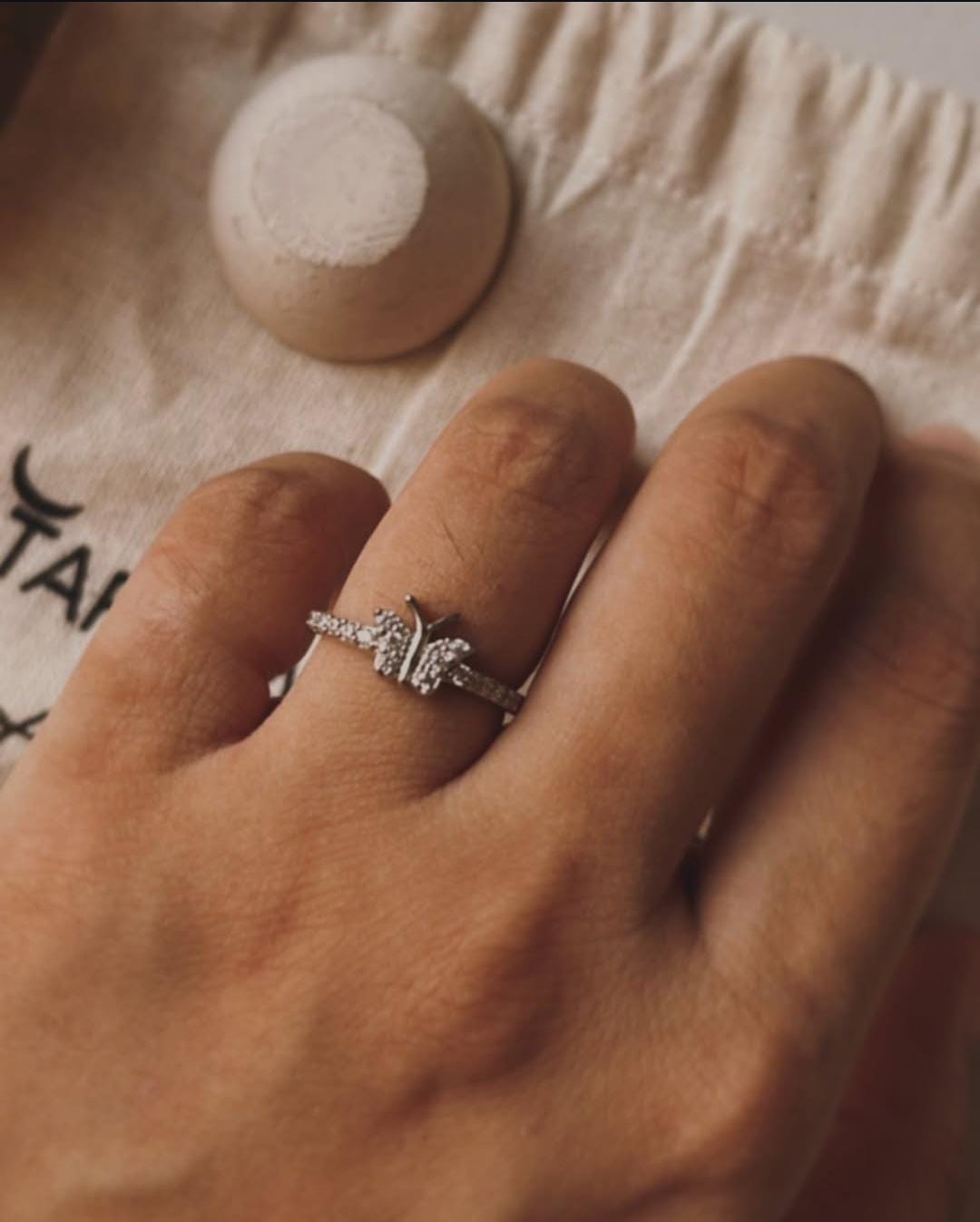 925 Silver Adjustable Ring with White CZ Butterfly Design