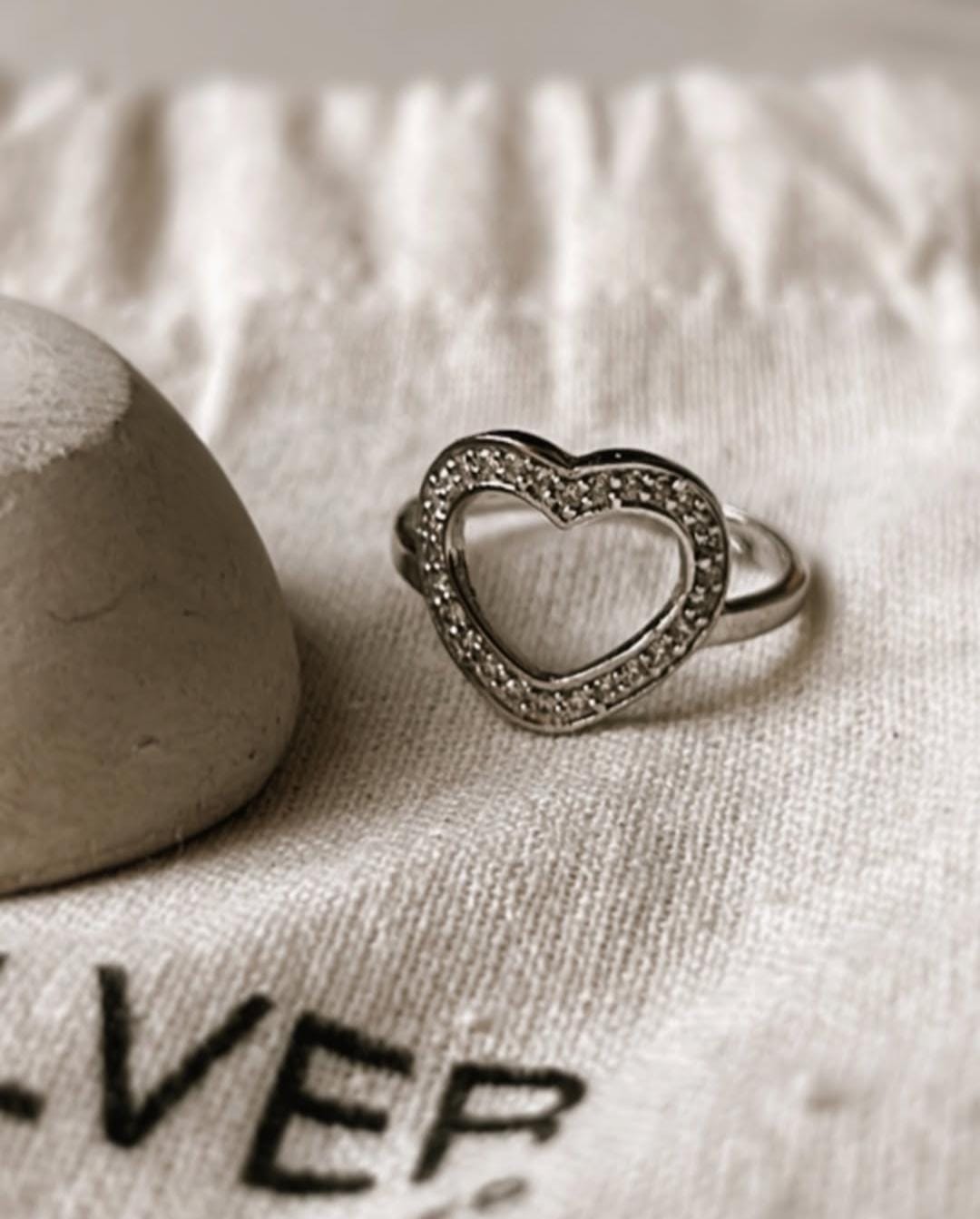 Adjustable 925 Silver Ring with White CZ Heart for Romantic Looks