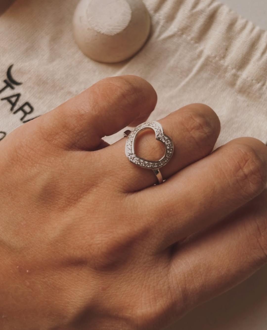 Trendy White CZ Heart Adjustable Ring in Sterling Silver