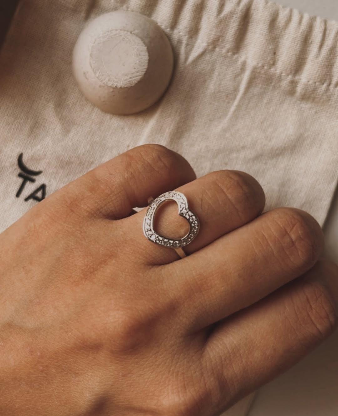 925 Silver Adjustable Heart Ring with White CZ Stones for Elegant Style