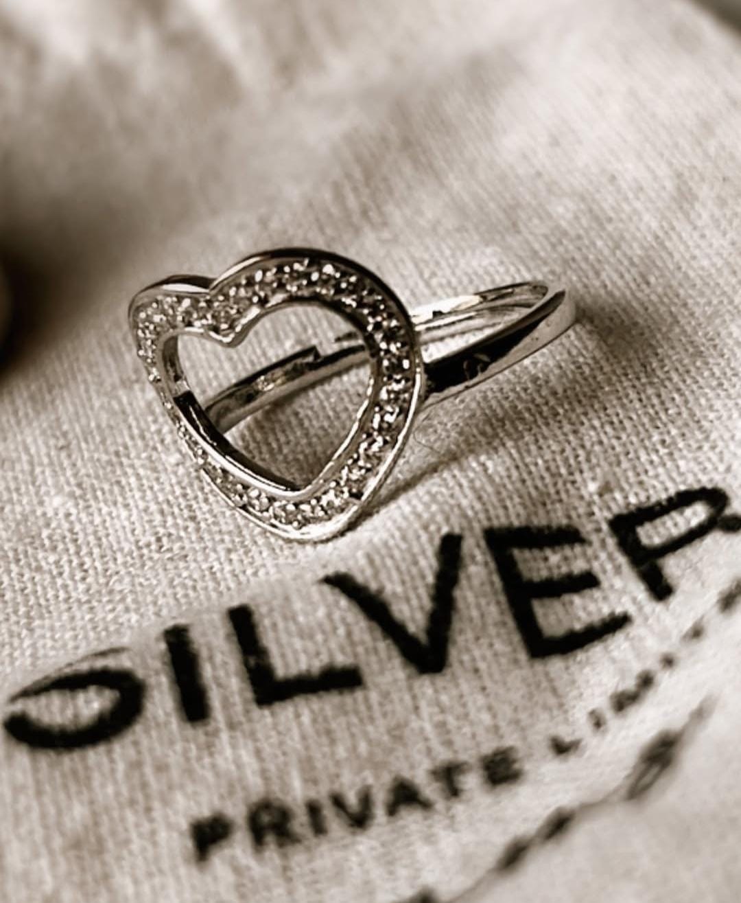 Stylish White CZ Heart Design Adjustable Ring in 925 Silver