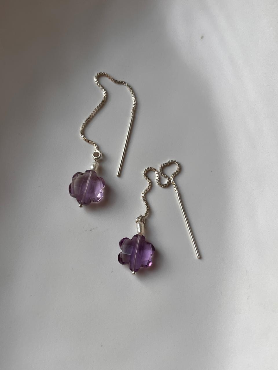 Amethyst Crystal Flower and Silver Sui Dhaga Earring