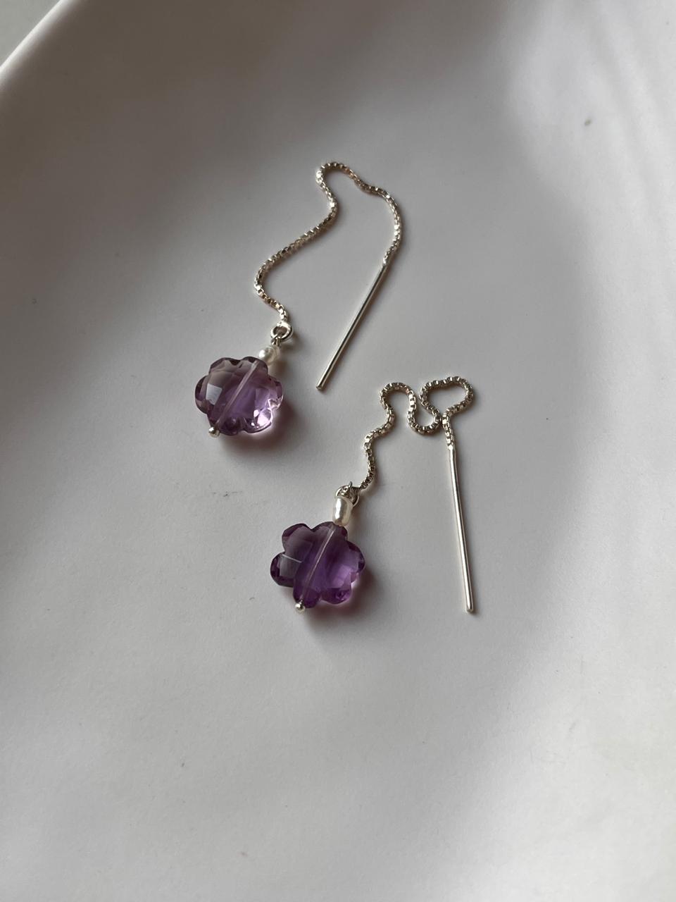 Silver Sui Dhaga Earring with Amethyst Flower Crystal