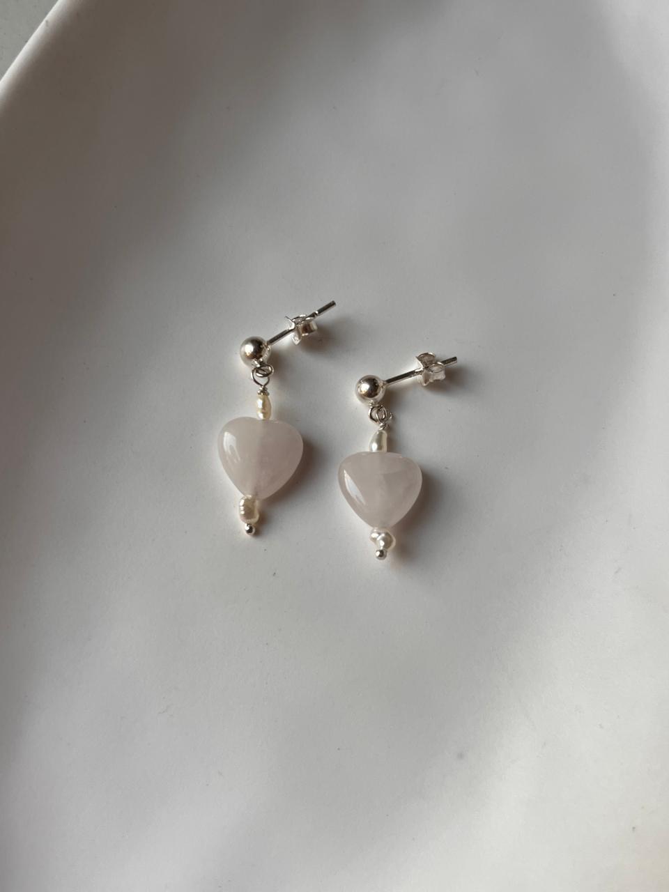Rose Quartz Heart and Pearl Crystal Silver Stud Earrings