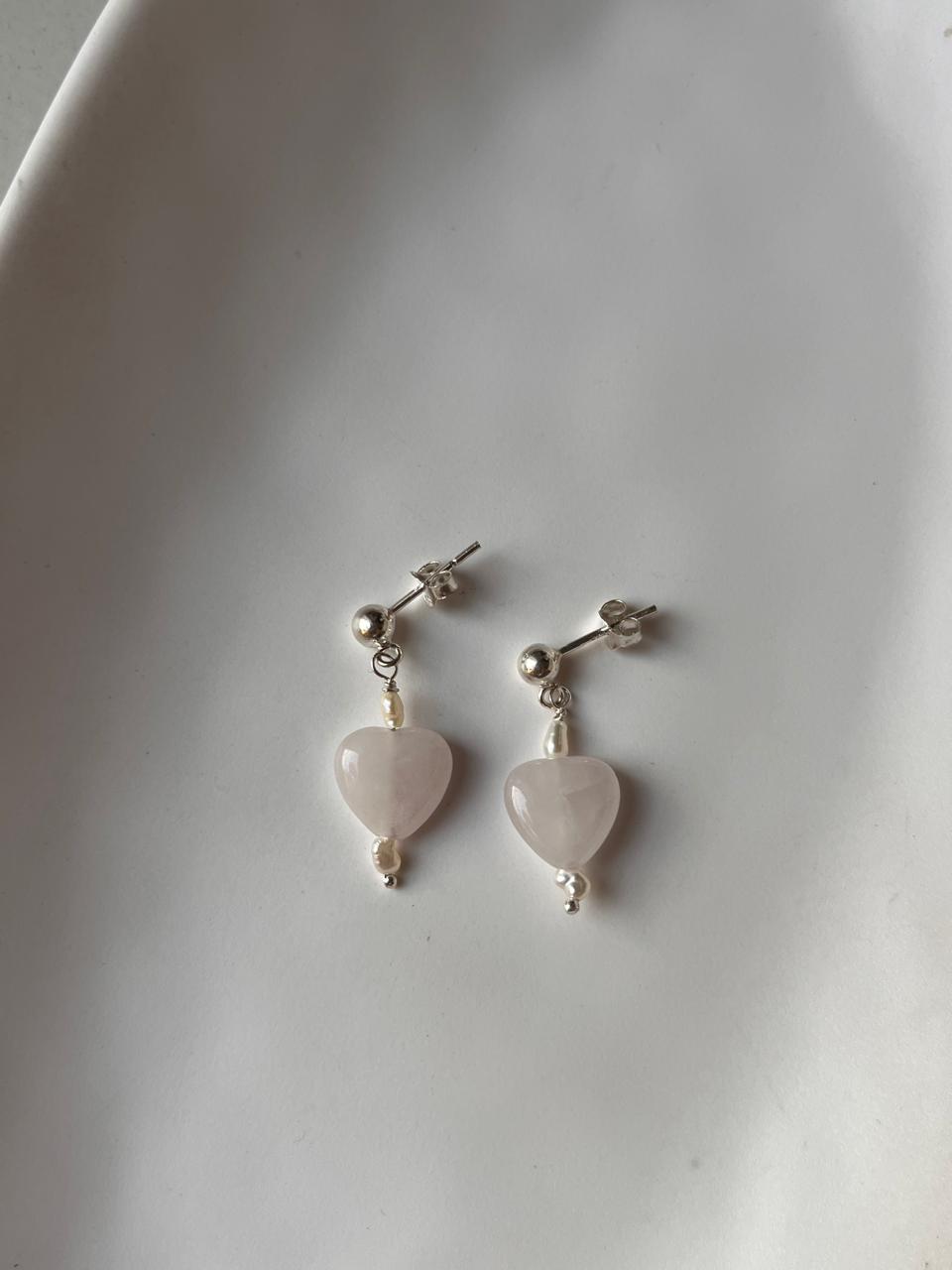 Elegant Rose Quartz Heart and Freshwater Pearl Silver Studs