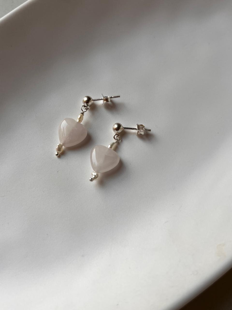 Rose Quartz Heart Silver Studs with Pearl Accent