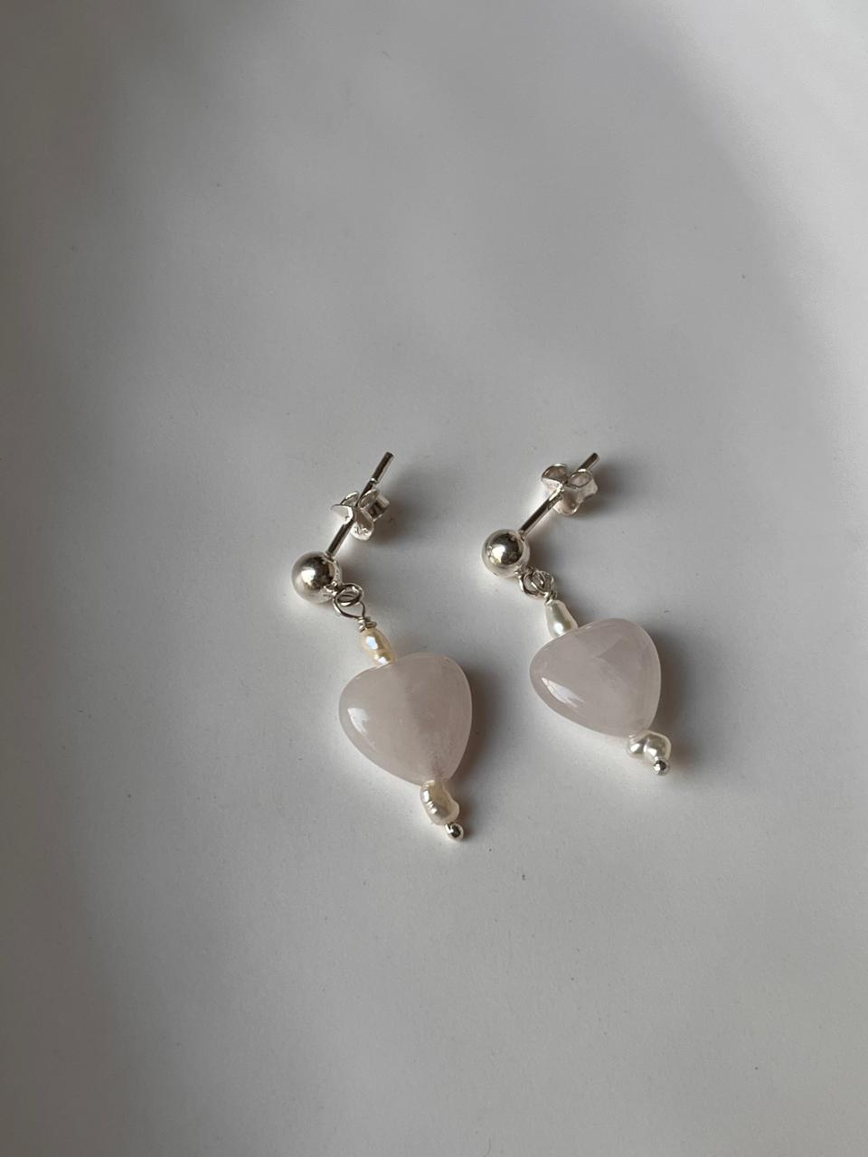 Silver Stud Earrings Featuring Rose Quartz Heart and Pearl
