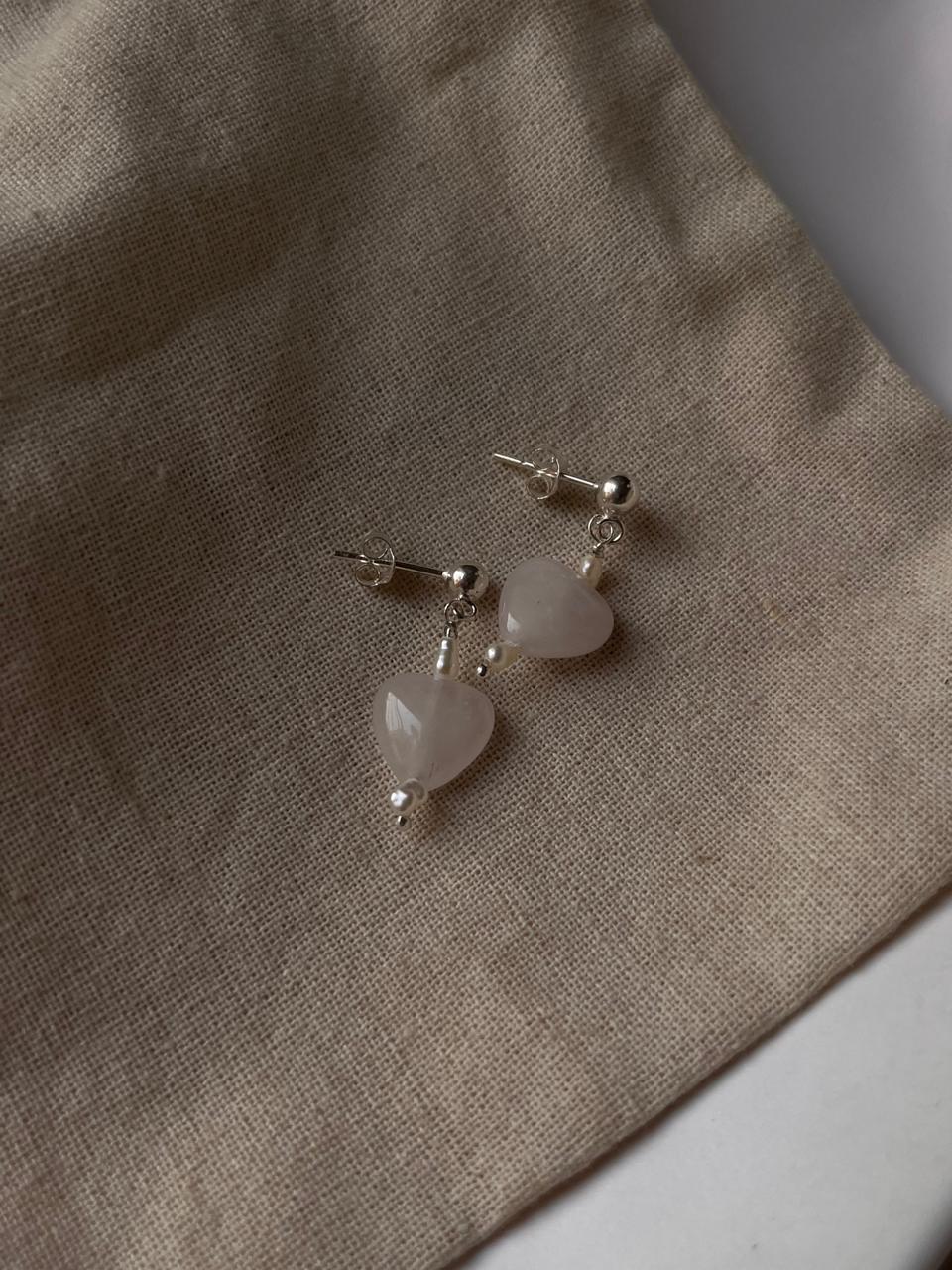 Silver Stud Earrings with Rose Quartz Heart and Pearl