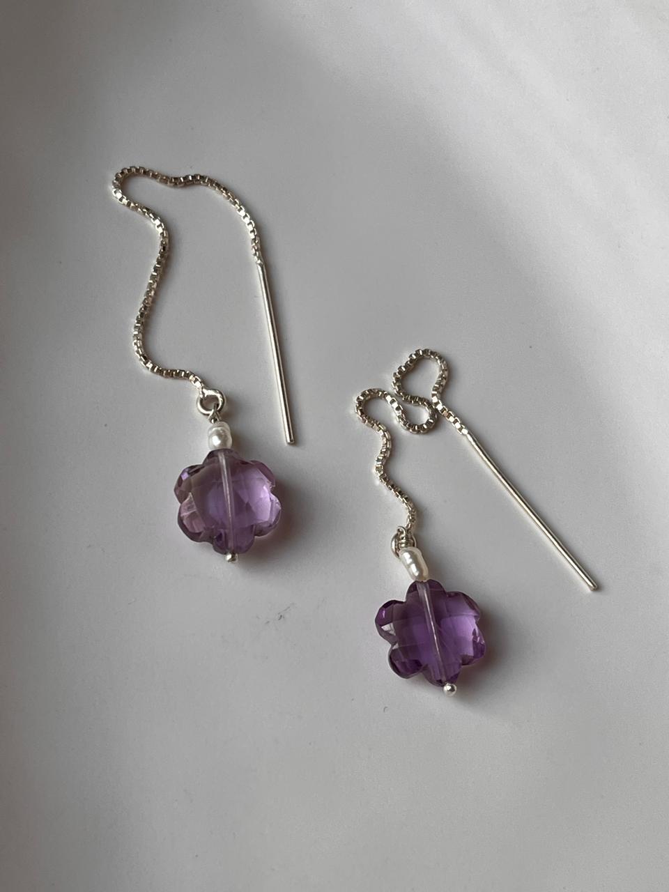 Amethyst Flower Crystal Silver Sui Dhaga Earrings