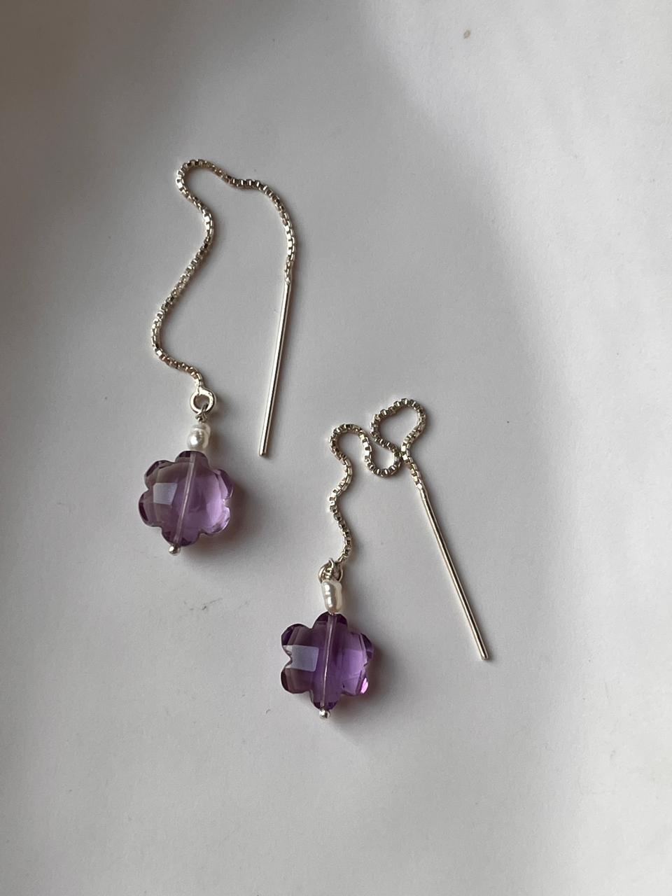 Elegant Silver Sui Dhaga Earring with Amethyst Flower