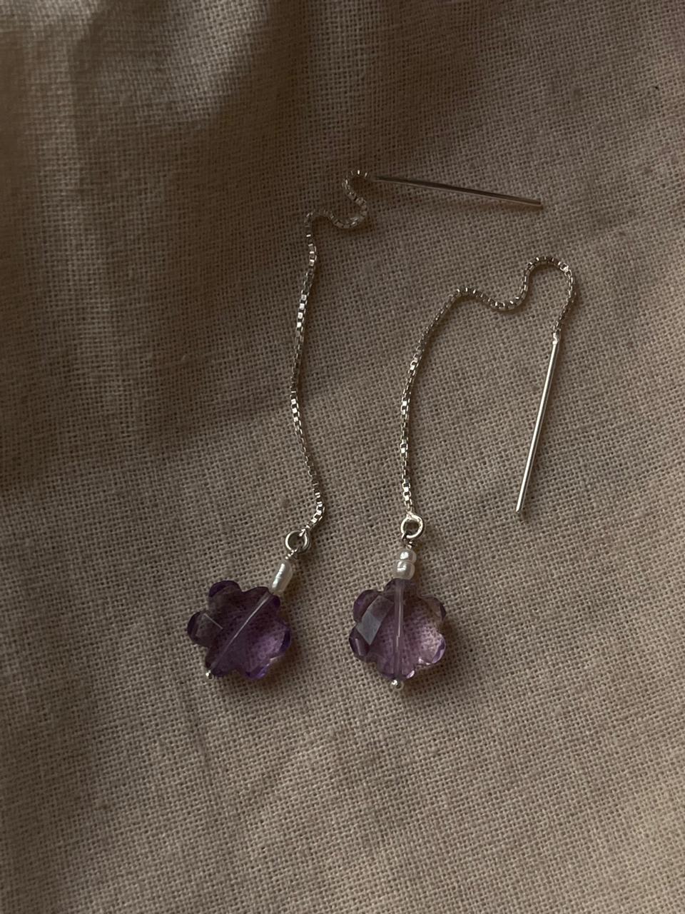 Silver Earring with Amethyst Flower Crystal Sui Dhaga Design