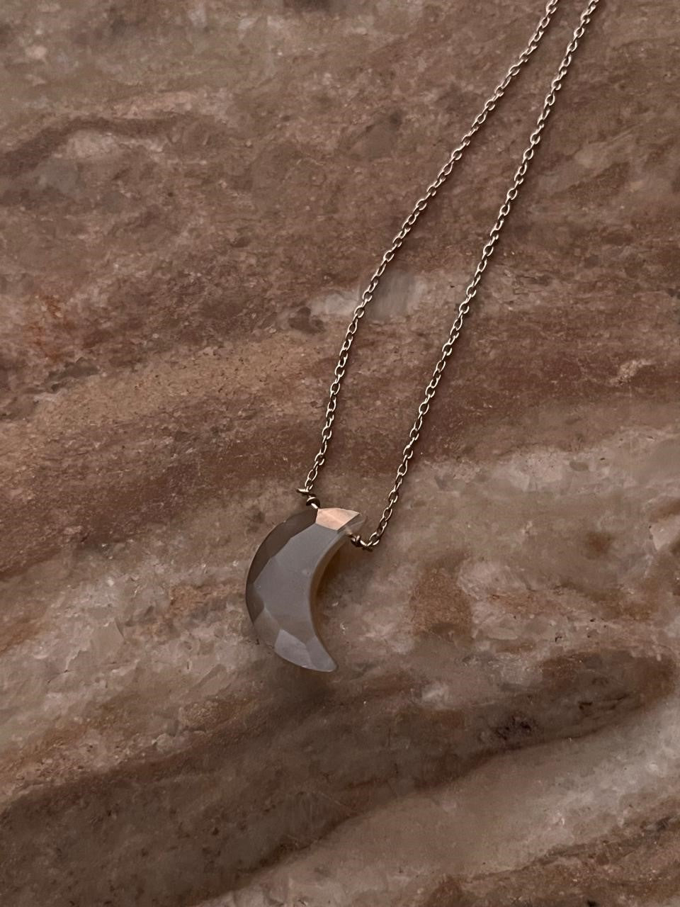 Grey Moonstone Crescent Moon Crystal Necklace