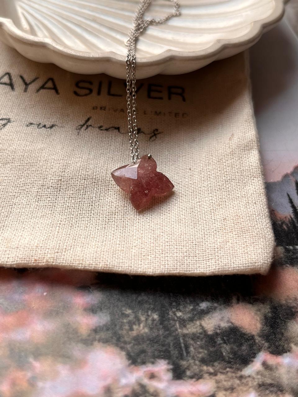 Strawberry Quartz Clover Necklace with Crystal Pendant