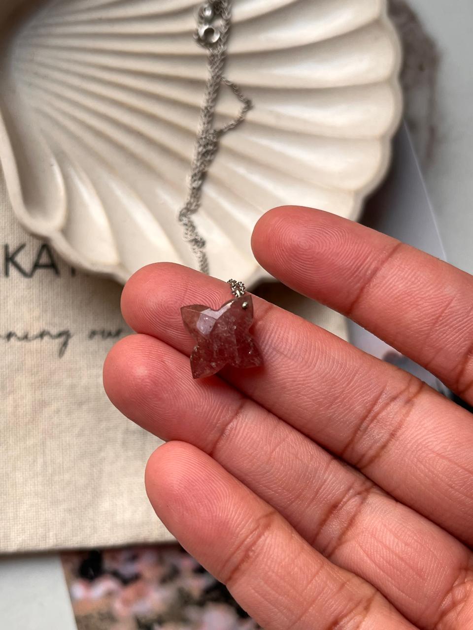 Strawberry Quartz Clover Crystal Necklace for Good Luck
