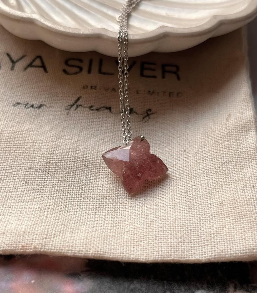 Clover-Shaped Strawberry Quartz Crystal Necklace