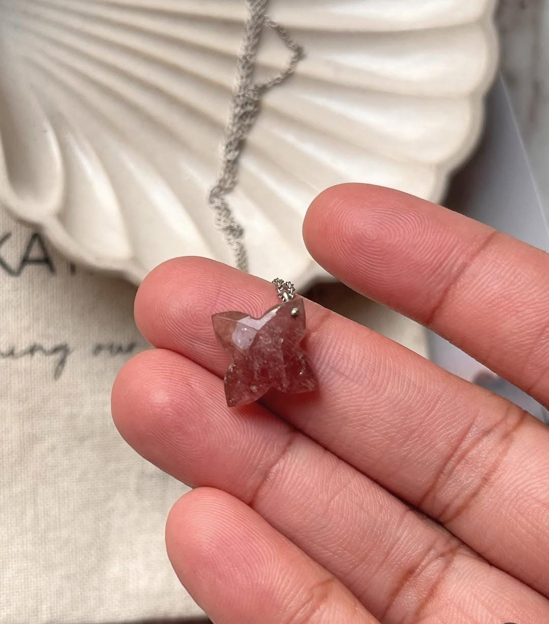Strawberry Quartz Clover Necklace with Crystal Charm