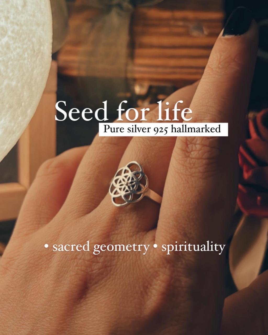 Sacred geometry Seed of Life ring in polished silver