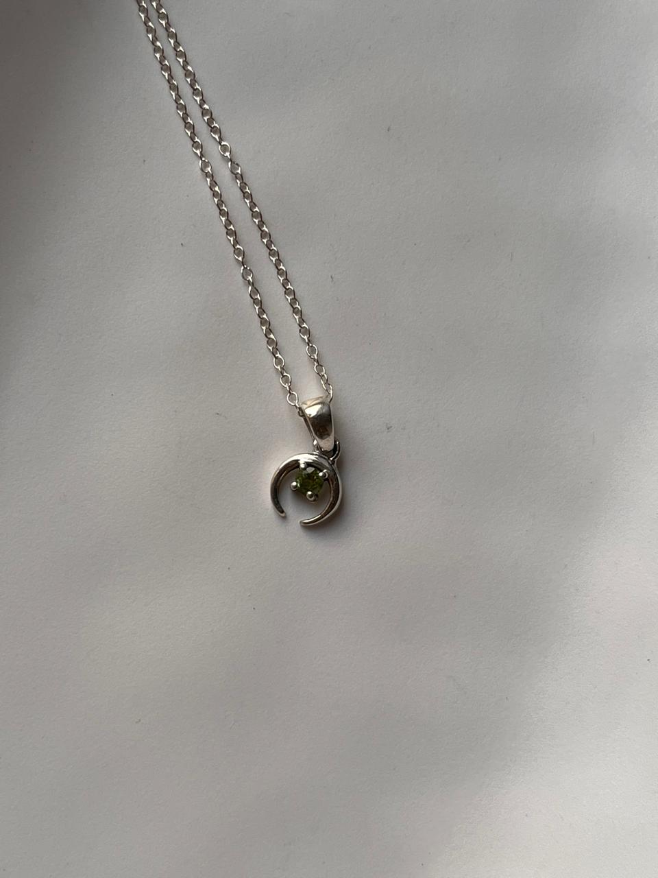 Elegant Peridot Crescent Moon Silver Necklace