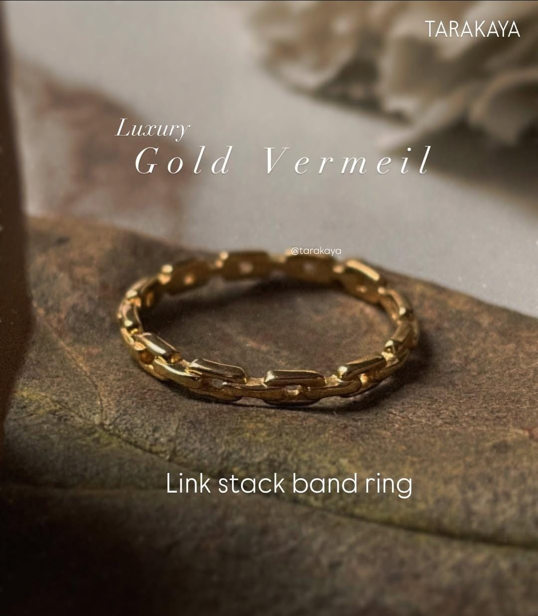 Gold vermeil thin link stack band ring showcasing luxury and durability.