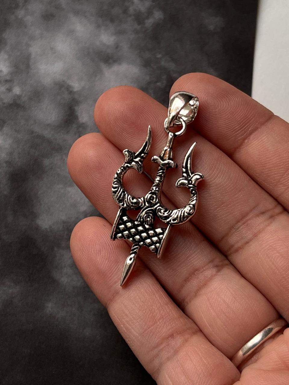 Trishul Damru Big 925 Sterling Silver Pendant