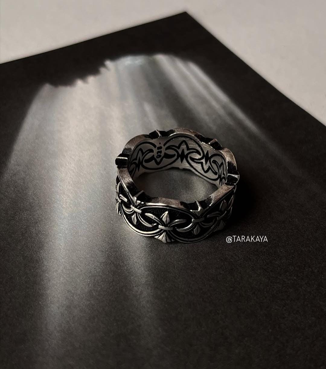 Fleur De Lis Design Ring with Black Band in 925 Silver