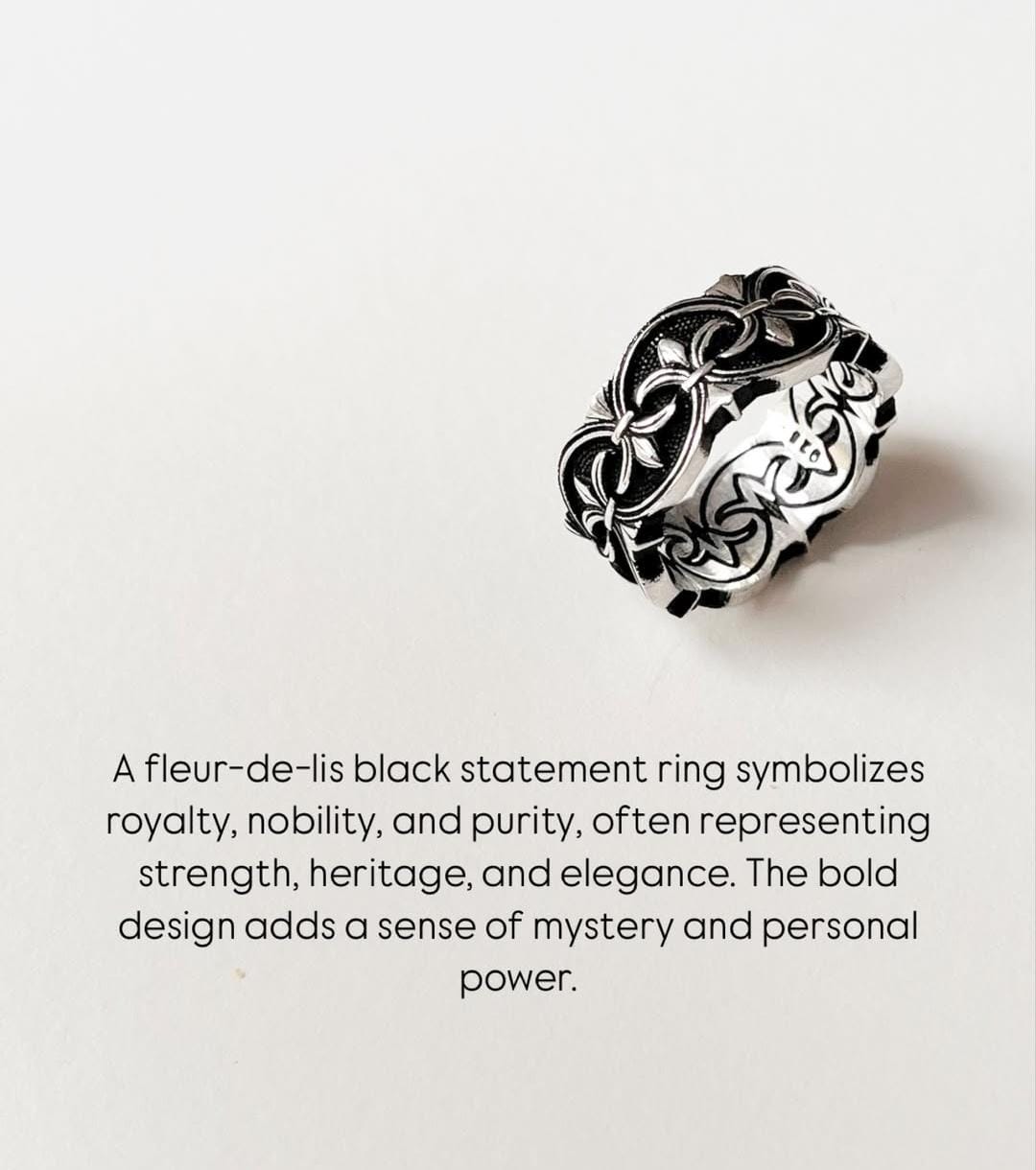 925 Silver Fleur De Lis Ring with Black Band Design