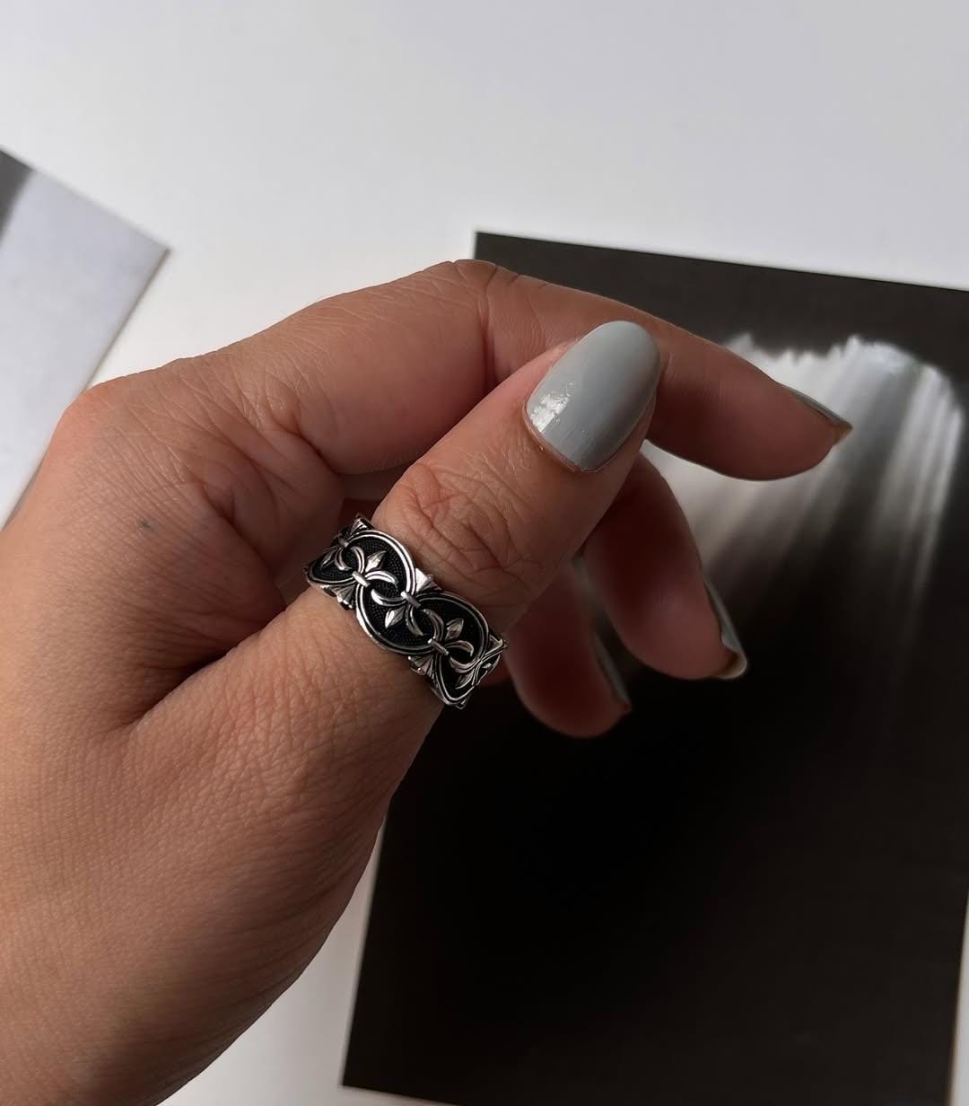 Fleur De Lis Black Band Ring in Sterling Silver for Men/Women
