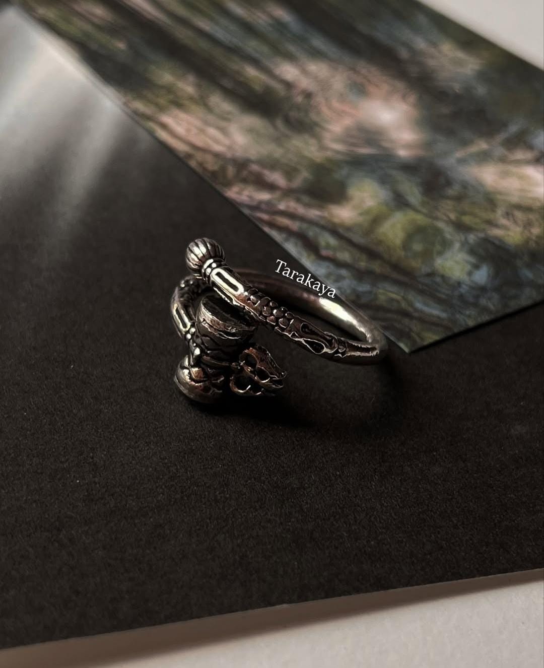 925 Silver Damru Trishul Adjustable Ring