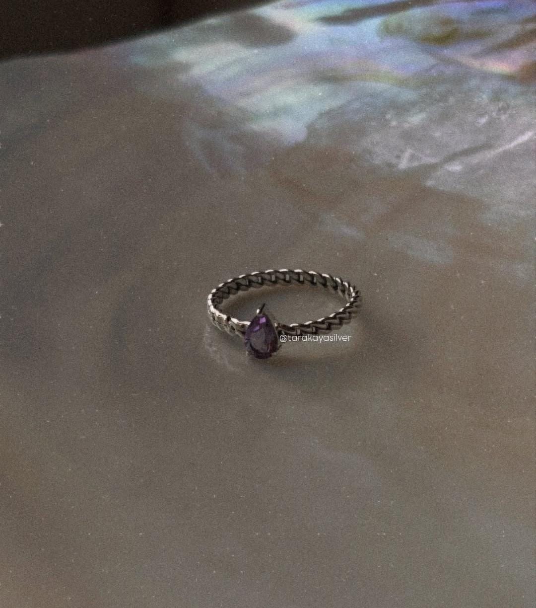 Elegant Amethyst Pear Solitaire Ring on Cuban Link Band