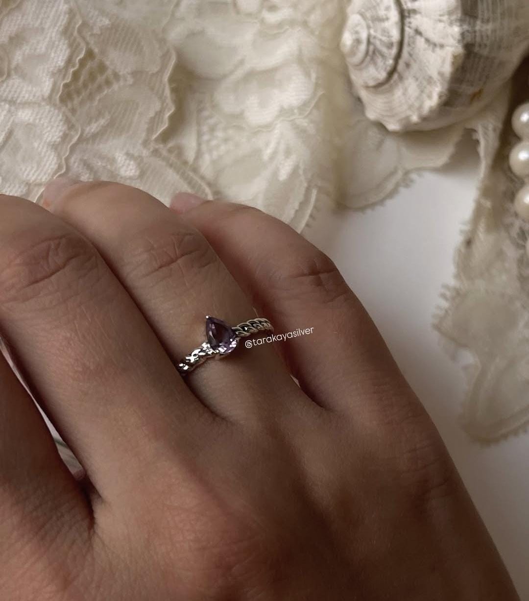 925 Silver Amethyst Pear Solitaire Ring with Bold Cuban Link Band