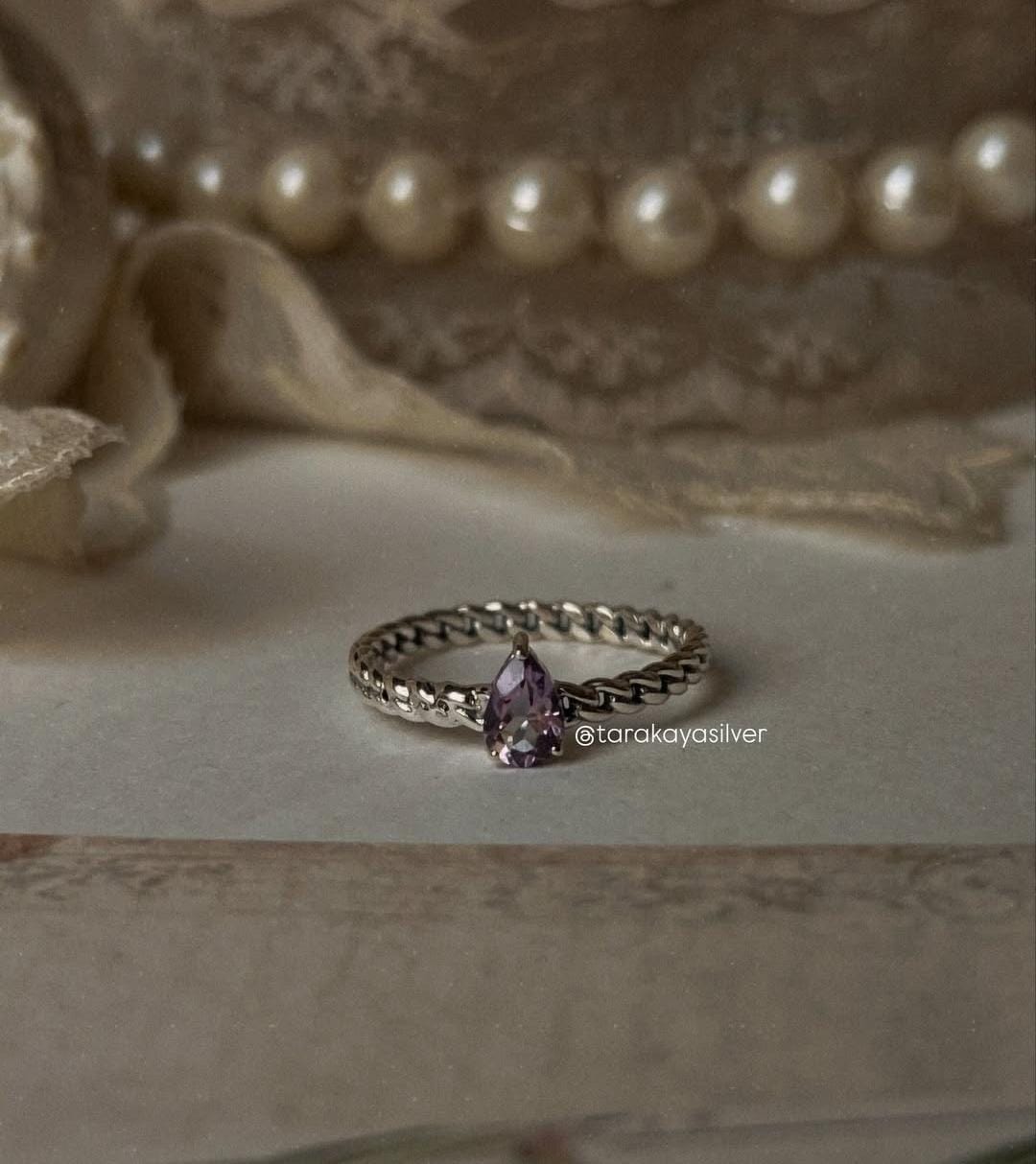 Unique Amethyst Pear Solitaire Ring with Cuban Link Band in Silver