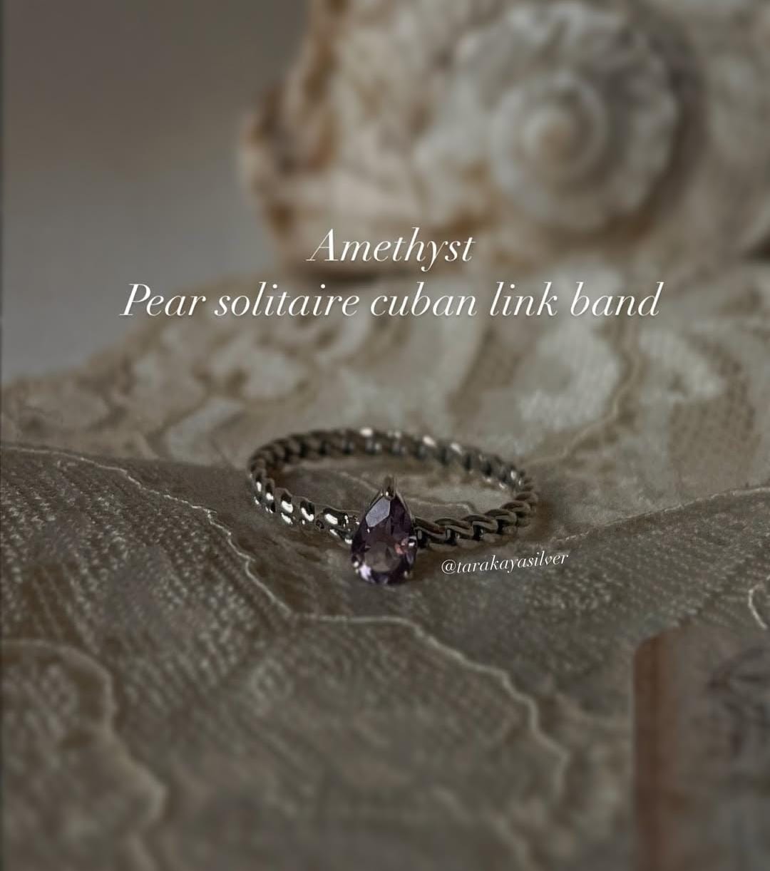Amethyst Pear Solitaire Ring with Cuban Link Band in 925 Silver