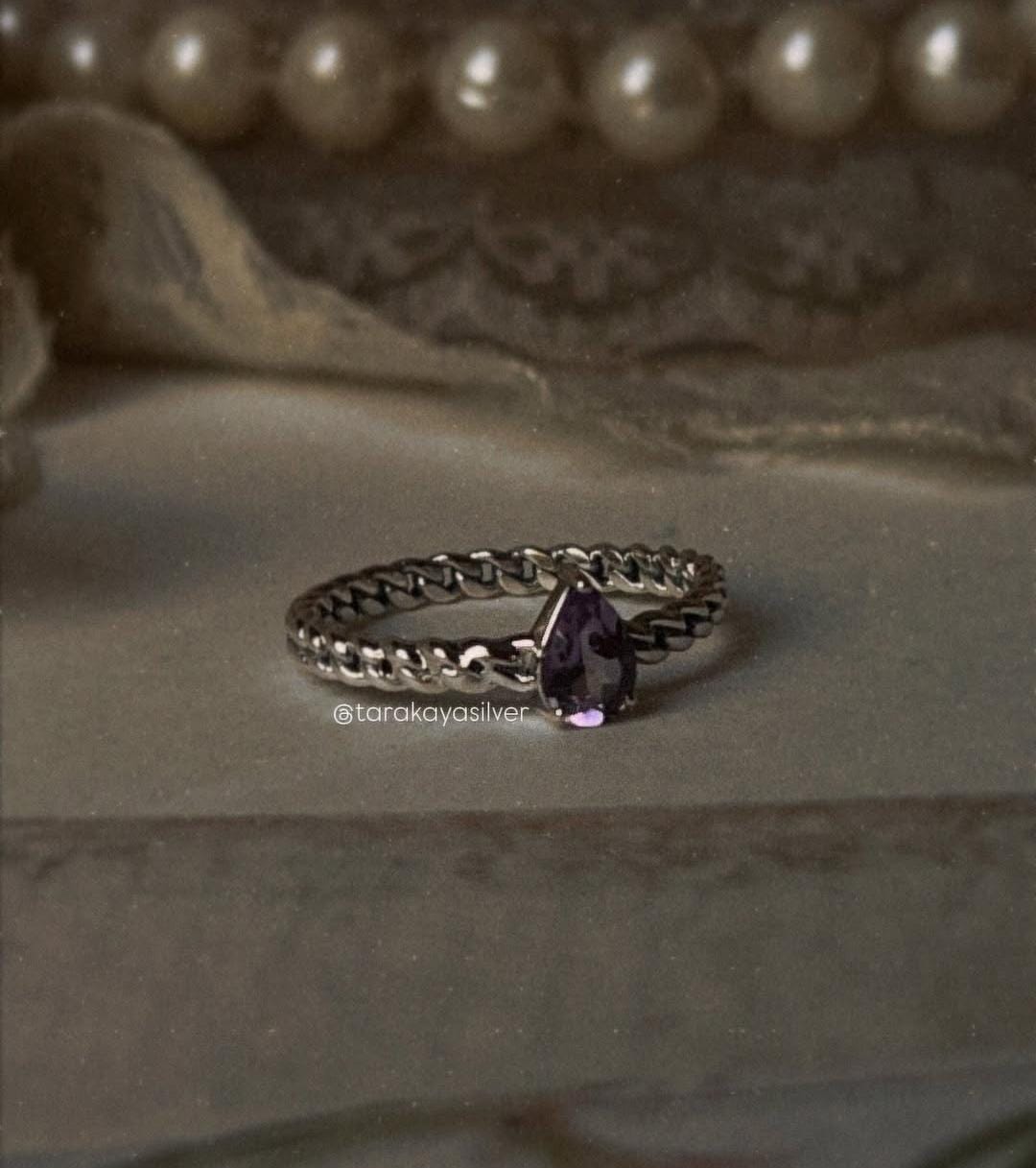 Amethyst Pear Ring on Cuban Link Band – 925 Sterling Silver