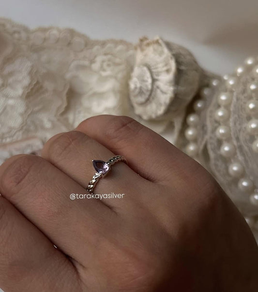 Amethyst Pear Gemstone Ring with Cuban Link Band in Sterling Silver