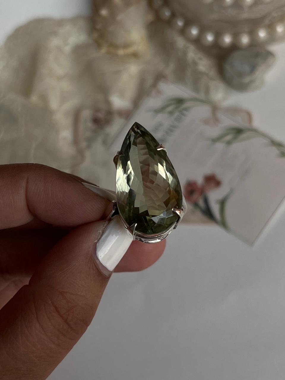 Green amethyst solitaire ring in handcrafted 925 silver