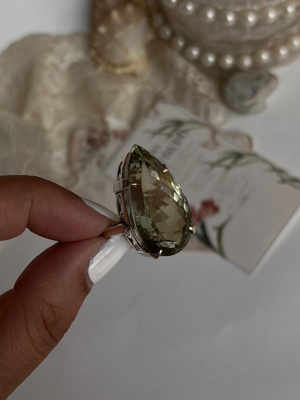 Green amethyst solitaire 925 silver statement ring