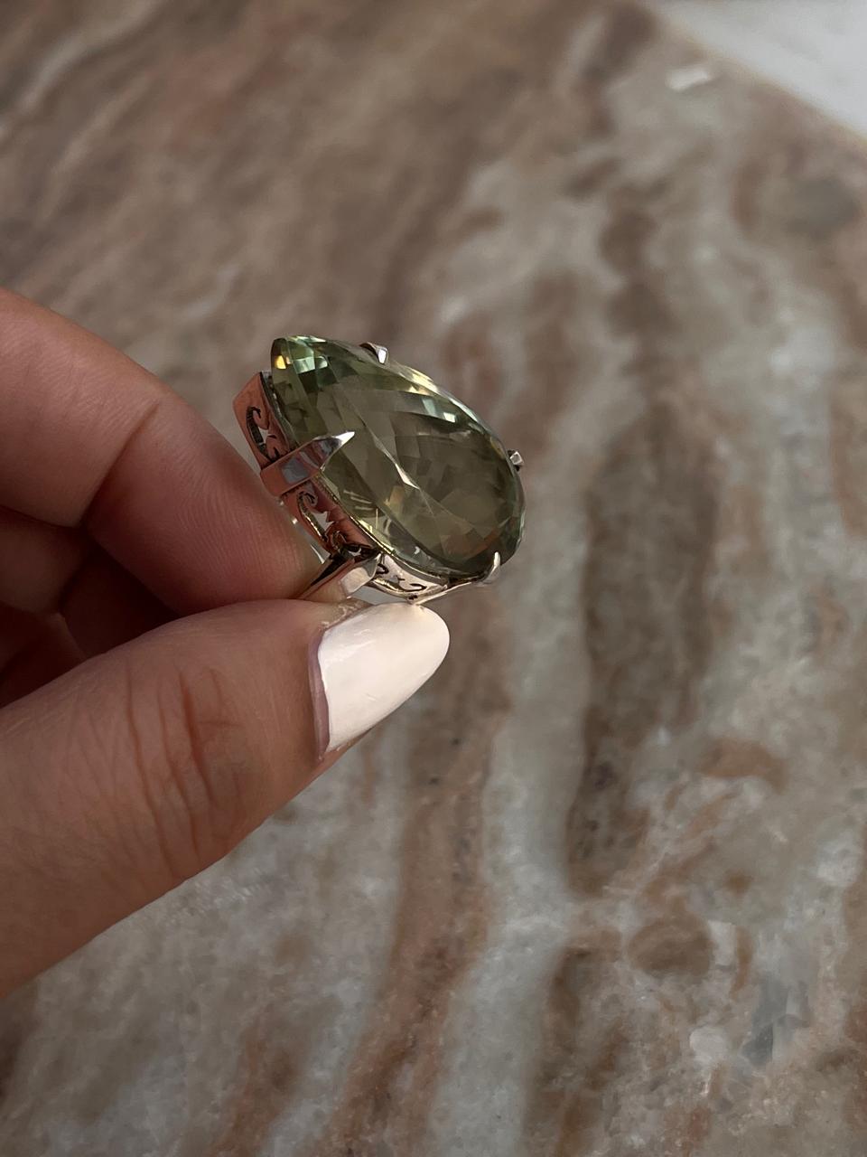 Handcrafted solitaire ring with green amethyst in 925 silver